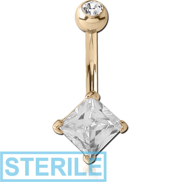 STERILE 14K GOLD SQUARE PRONG SET 5MM CZ NAVEL BANANA WITH JEWELLED TOP BALL