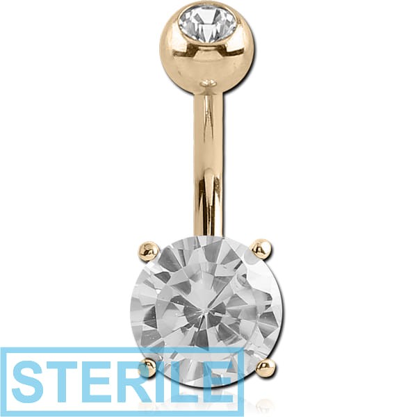 STERILE 14K GOLD ROUND PRONG SET 7MM CZ NAVEL BANANA WITH JEWELLED TOP BALL