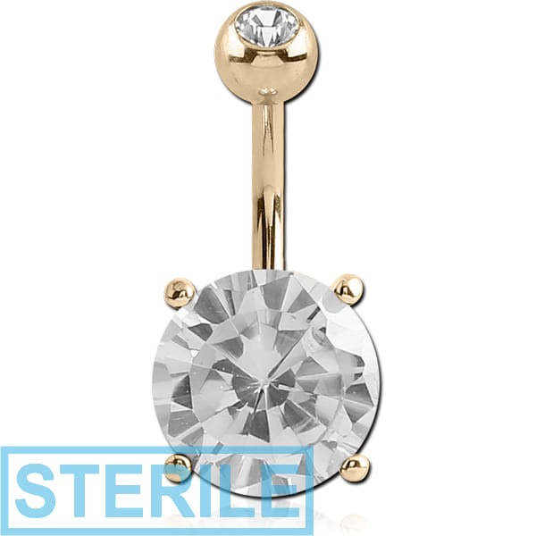 STERILE 14K GOLD ROUND PRONG SET 8MM CZ NAVEL BANANA WITH JEWELLED TOP BALL
