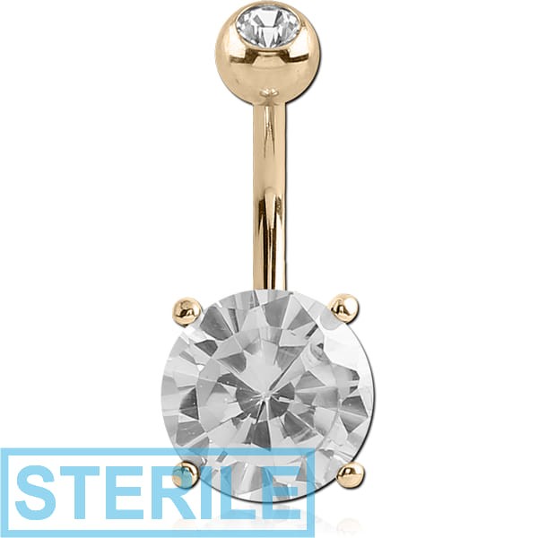 STERILE 14K GOLD ROUND PRONG SET 9MM CZ NAVEL BANANA WITH JEWELLED TOP BALL