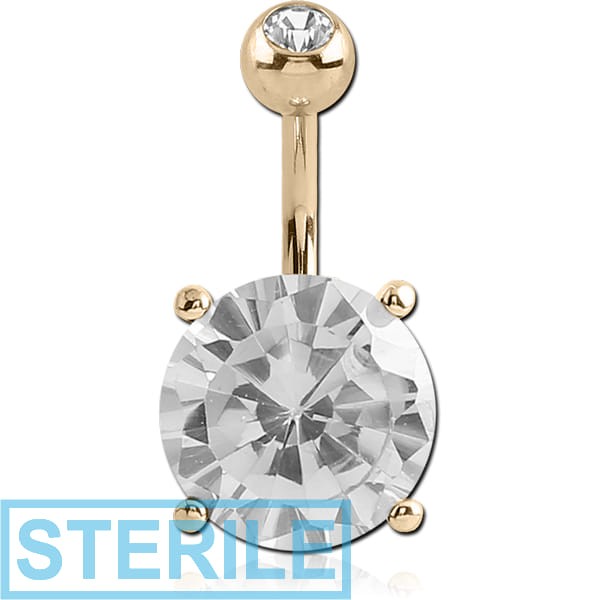 STERILE 14K GOLD ROUND PRONG SET 10MM CZ NAVEL BANANA WITH JEWELLED TOP BALL