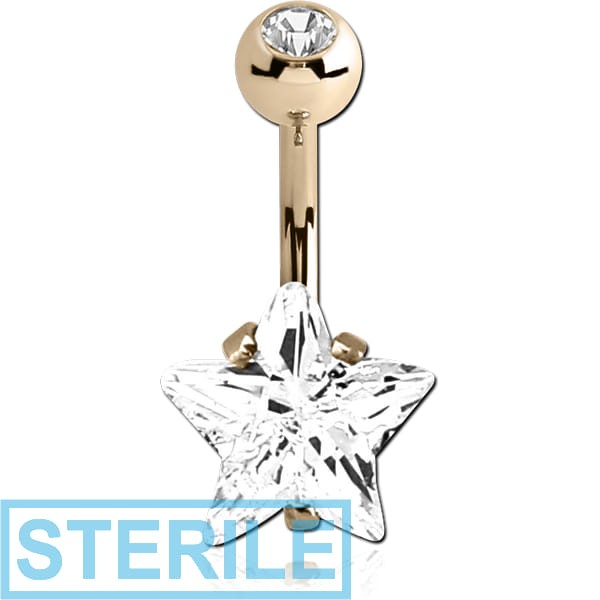 STERILE 14K GOLD STAR PRONG SET 10MM CZ NAVEL BANANA WITH HOLLOW TOP BALL