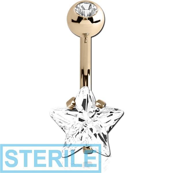 STERILE 14K GOLD STAR PRONG SET 8MM CZ NAVEL BANANA WITH JEWELLED TOP BALL