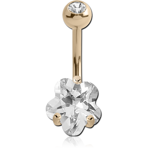 14K GOLD FLOWER PRONG SET CZ NAVEL BANANA WITH JEWELLED TOP BALL