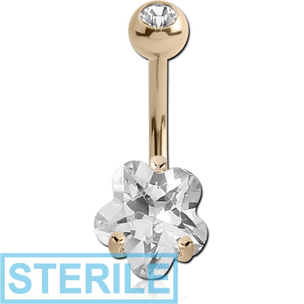 STERILE 14K GOLD FLOWER PRONG SET CZ NAVEL BANANA WITH JEWELLED TOP BALL