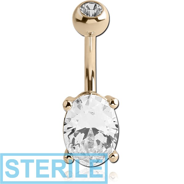 STERILE 14K GOLD OVAL PRONG SET 5X7MM CZ NAVEL BANANA WITH JEWELLED TOP BALL