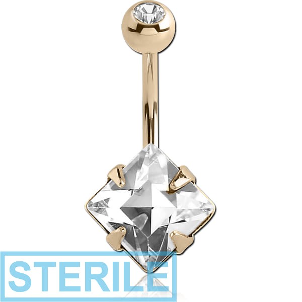 STERILE 14K GOLD SQUARE PRONG SET 6MM CZ NAVEL BANANA WITH JEWELLED TOP BALL