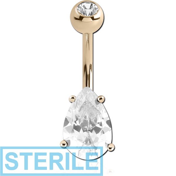 STERILE 14K GOLD PEAR PRONG SET 5X7MM CZ NAVEL BANANA WITH JEWELLED TOP BALL