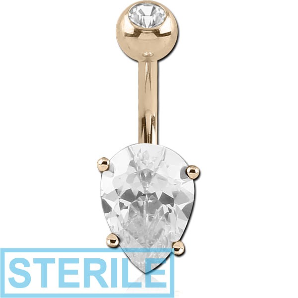 STERILE 14K GOLD INVERTED PEAR PRONG SET 5X7MM CZ NAVEL BANANA WITH JEWELLED TOP BALL