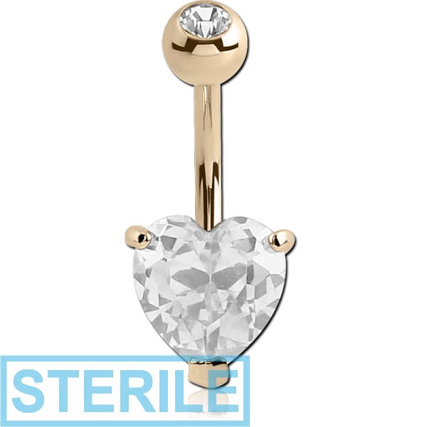 STERILE 14K GOLD HEART PRONG SET 6MM CZ NAVEL BANANA WITH JEWELLED TOP BALL