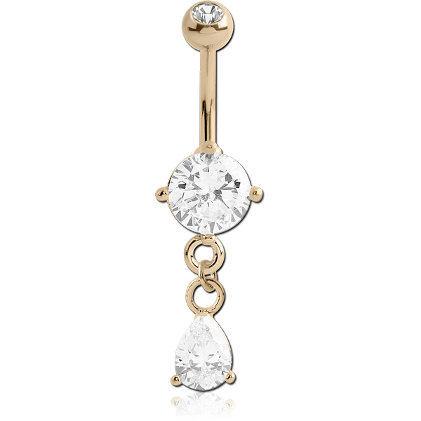 14K GOLD ROUND CZ DANGLE NAVEL BANANA WITH JEWELLED TOP BALL