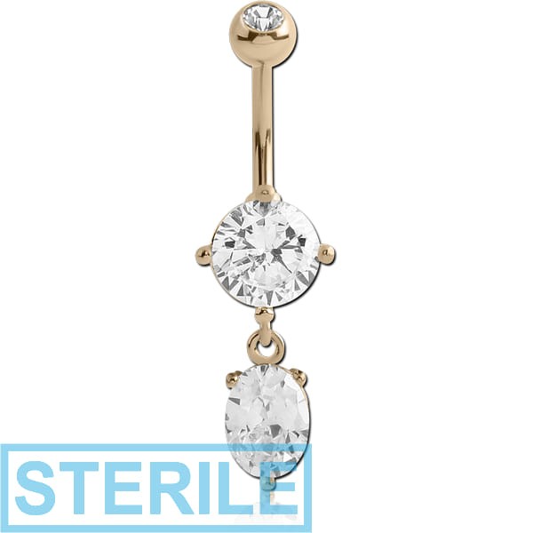 STERILE 14K GOLD OVAL CZ DANGLE NAVEL BANANA WITH JEWELLED TOP BALL