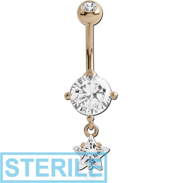 STERILE 14K GOLD STAR CZ DANGLE NAVEL BANANA WITH JEWELLED TOP BALL