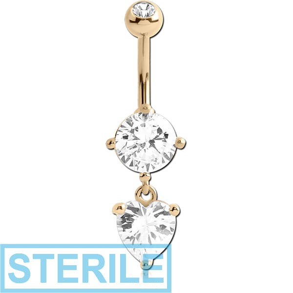 STERILE 14K GOLD HEART CZ DANGLE NAVEL BANANA WITH JEWELLED TOP BALL