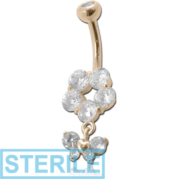 STERILE 14K GOLD DOUBLE JEWELLED NAVEL BANANA WITH CZ BUTTERFLY CHARM