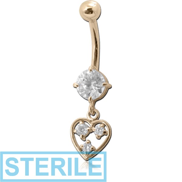 STERILE 14K GOLD CZ HEART CHARM NAVEL BANANA WITH HOLLOW TOP BALL