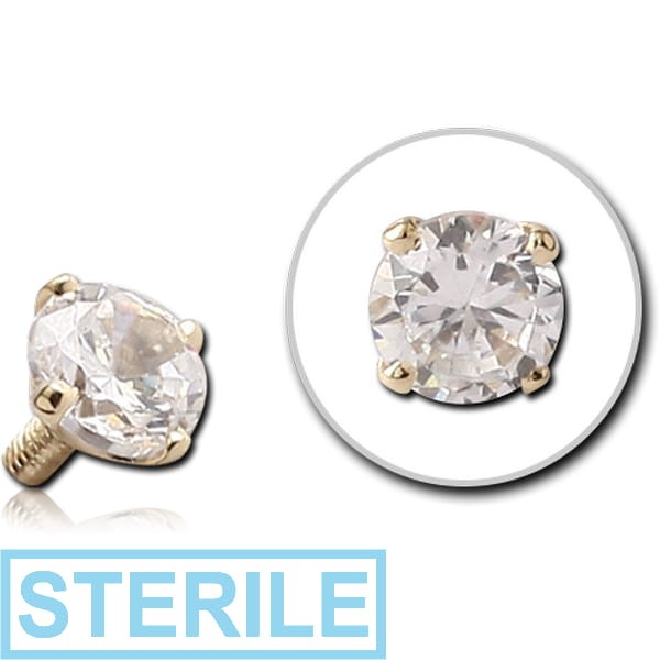 STERILE 14K GOLD PRONG SET CZ ROUND ATTACHMENT FOR 1.6MM INTERNALLY THREADED PINS