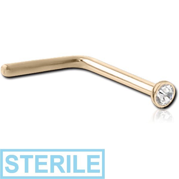 STERILE 14K GOLD 1.5MM BEZEL SET PREMIUM CRYSTAL JEWELLED 90 DEGREE NOSE STUD