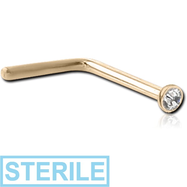 STERILE 14K GOLD BEZEL SET JEWELLED 90 DEGREE NOSE STUD