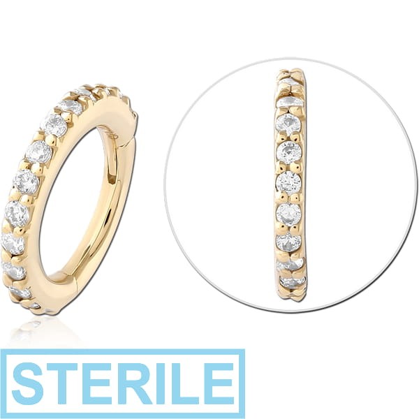 STERILE 14K GOLD SEAMLESS HINGED CLICKER WITH CZ CRYSTALS
