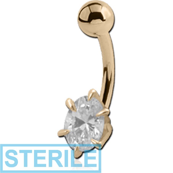STERILE 18K GOLD OVAL PRONG SET CZ NAVEL BANANA WITH HOLLOW TOP BALL