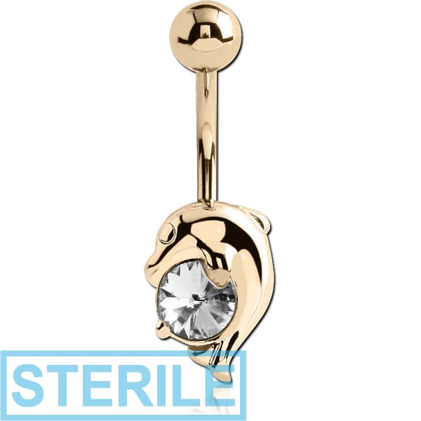 STERILE 18K GOLD CZ DOLPHIN NAVEL BANANA WITH HOLLOW TOP BALL