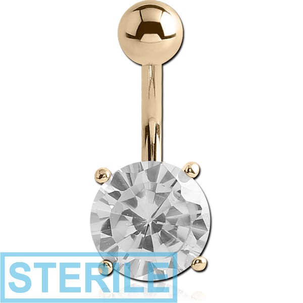 STERILE 18K GOLD ROUND PRONG SET 9MM CZ NAVEL BANANA WITH HOLLOW TOP BALL