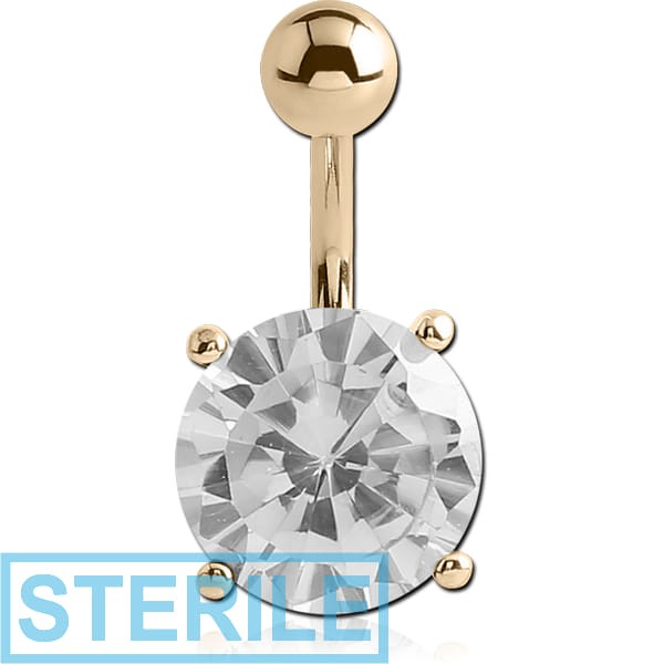 STERILE 18K GOLD ROUND PRONG SET 11MM CZ NAVEL BANANA WITH HOLLOW TOP BALL