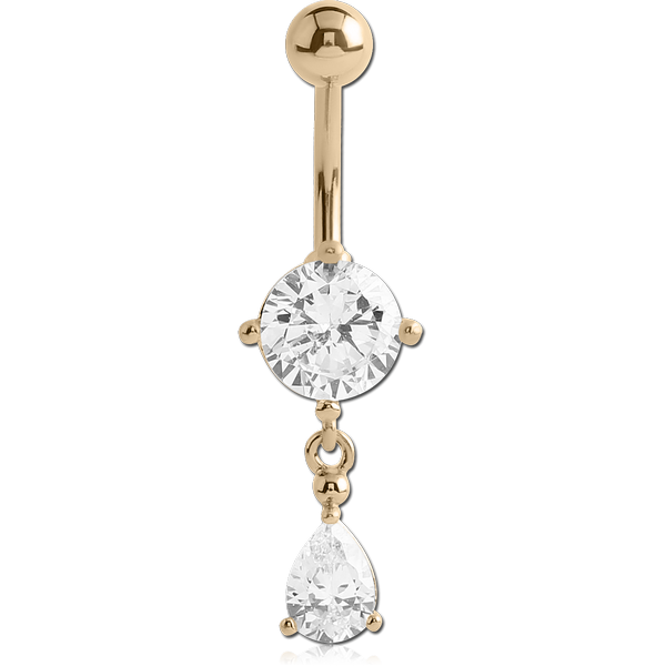 18K GOLD ROUND CZ DANGLE NAVEL BANANA WITH HOLLOW TOP BALL