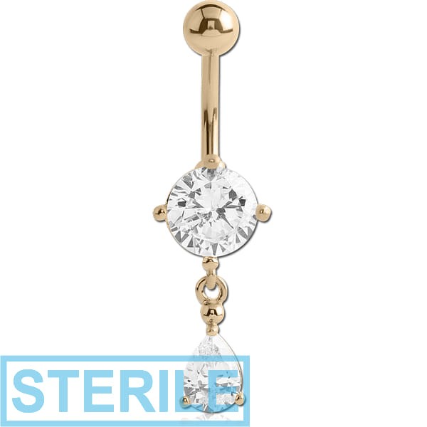 STERILE 18K GOLD ROUND CZ DANGLE NAVEL BANANA WITH HOLLOW TOP BALL