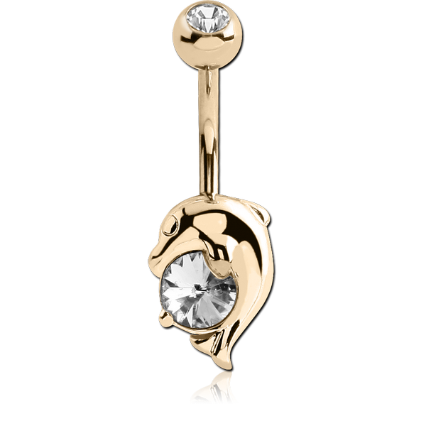 18K GOLD CZ DOLPHIN NAVEL BANANA WITH JEWELLED TOP BALL