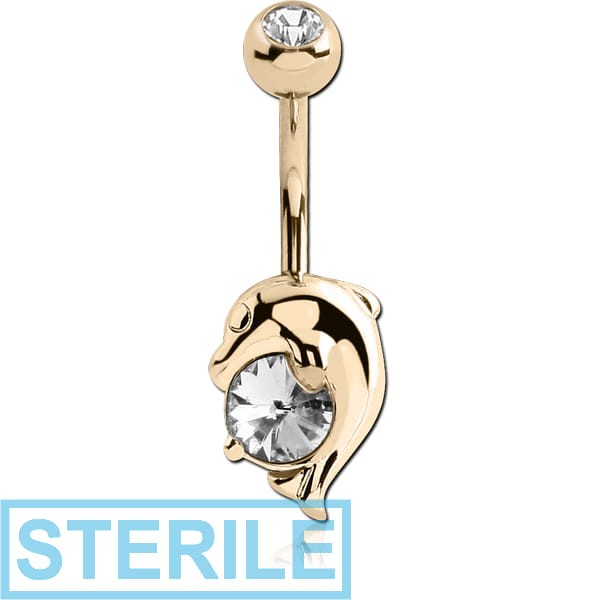 STERILE 18K GOLD CZ DOLPHIN NAVEL BANANA WITH JEWELLED TOP BALL
