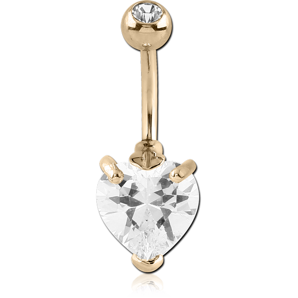 18K GOLD HEART PRONG SET 5MM CZ NAVEL BANANA WITH JEWELLED TOP BALL