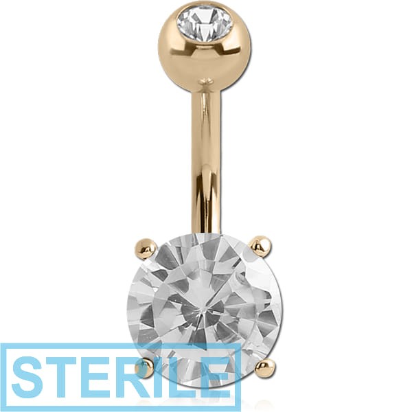STERILE 18K GOLD ROUND PRONG SET 6MM CZ NAVEL BANANA WITH JEWELLED TOP BALL