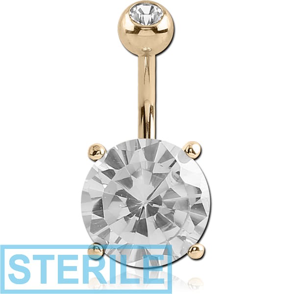 STERILE 18K GOLD ROUND PRONG SET 12MM CZ NAVEL BANANA WITH JEWELLED TOP BALL
