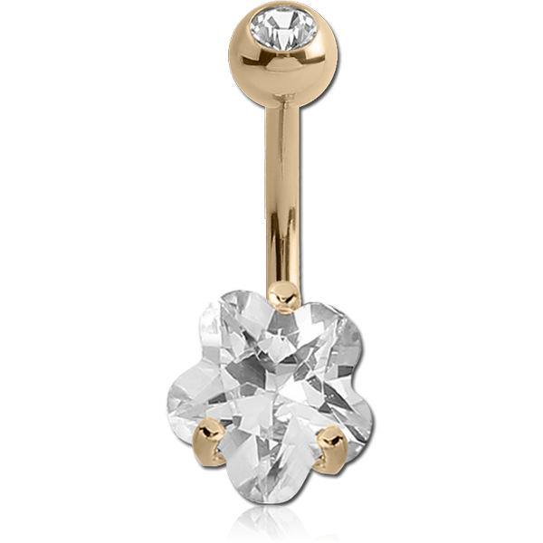 18K GOLD FLOWER PRONG SET CZ NAVEL BANANA WITH JEWELLED TOP BALL