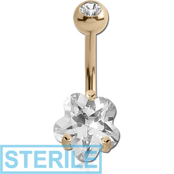 STERILE 18K GOLD FLOWER PRONG SET CZ NAVEL BANANA WITH JEWELLED TOP BALL