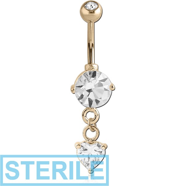 STERILE 18K GOLD HEART CZ DANGLE NAVEL BANANA WITH JEWELLED TOP BALL