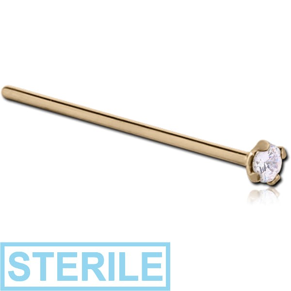 STERILE 18K GOLD 2MM PRONG SET JEWELLED STRAIGHT LARGE NOSE STUD