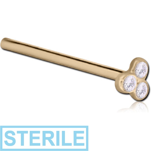 STERILE 18K GOLD BEZEL SET TRINITY JEWELLED STRAIGHT LARGE NOSE STUD