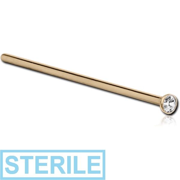 STERILE 18K GOLD STRAIGHT PREMIUM CRYSTAL JEWELLED LARGE NOSE STUD 1.5 MM BEZEL SET