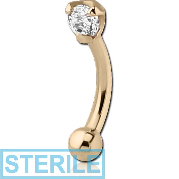 STERILE 18K GOLD PRONG SET ROUND CZ CURVED MICRO BARBELL
