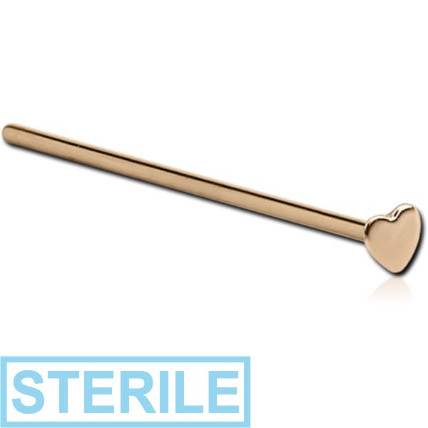 STERILE 18K GOLD HEART STRAIGHT NOSE STUD 12MM