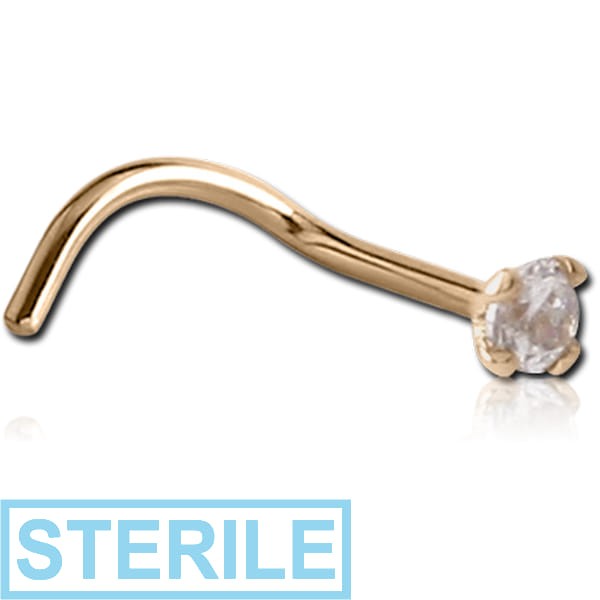 STERILE 18K GOLD CURVED NOSE STUD WITH 2.5MM PRONG SET DIAMOND