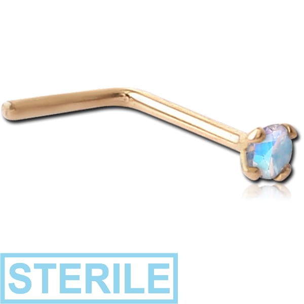 STERILE 18K GOLD 1.5MM PRONG SET PREMIUM CRYSTAL JEWELLED 90 DEGREE NOSE STUD 12MM