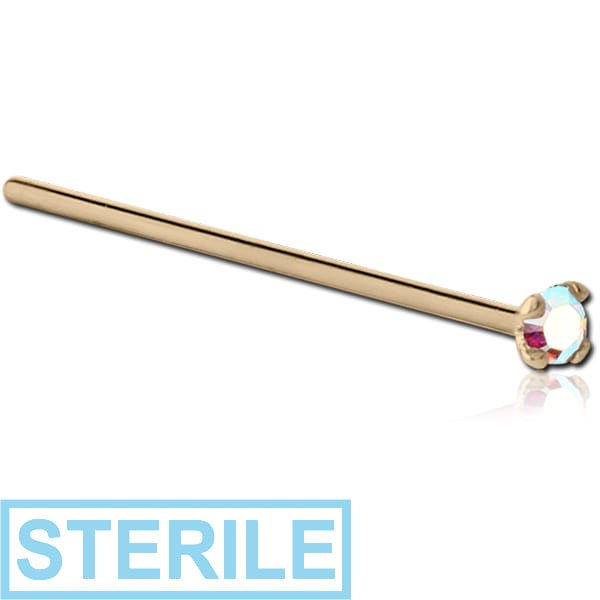 STERILE 18K GOLD 1.5MM PRONG SET JEWELLED STRAIGHT NOSE STUD