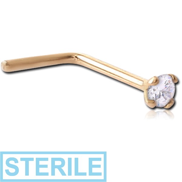 STERILE 18K GOLD 3 MM PRONG SET JEWELLED 90 DEGREE NOSE STUD