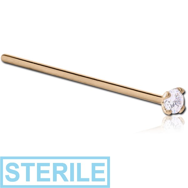 STERILE 18K GOLD 3 MM PRONG SET JEWELLED STRAIGHT NOSE STUD