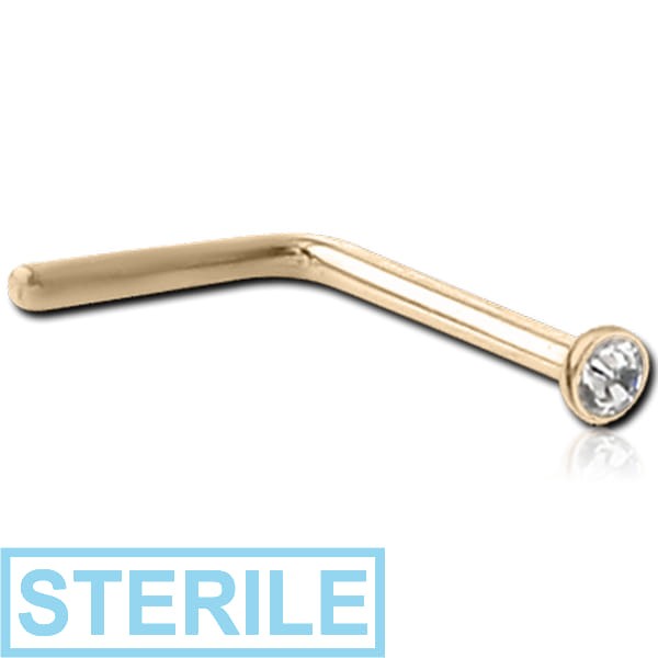 STERILE 18K GOLD 1.5MM BEZEL SET PREMIUM CRYSTAL JEWELLED 90 DEGREE NOSE STUD