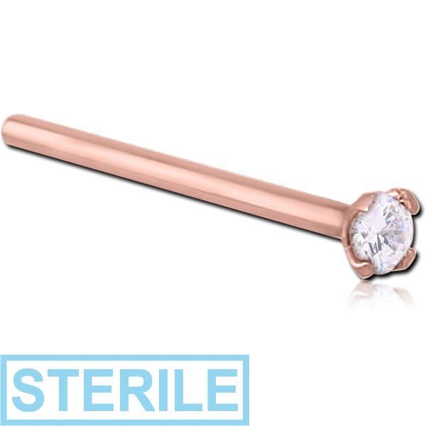 STERILE 18K ROSE GOLD 2.5MM PRONG SET JEWELLED STRAIGHT LARGE NOSE STUD
